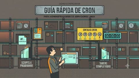 Una ilustración de estilo infografía técnica para una guía de tareas Cron para servidores Linux. El texto superior dice: "GUÍA RÁPIDA DE CRON PARA ADMINISTRADORES DE SERVIDORES LINUX". En el centro, un administrador usa una tableta para ver la sintaxis de tareas. Diferentes bloques de servidores están etiquetados para scripts, sintaxis de cron y tareas completadas, con múltiples iconos de relojes y calendarios.