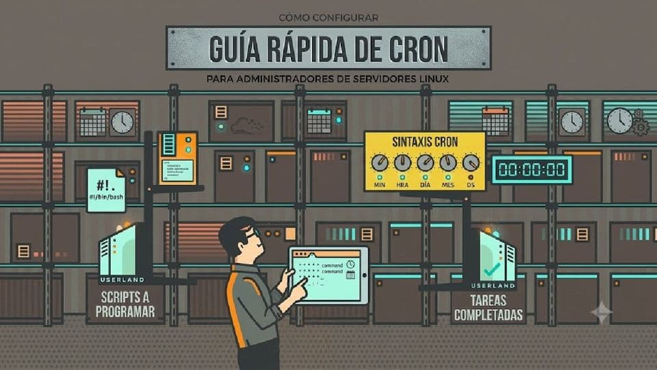 Una ilustración de estilo infografía técnica para una guía de tareas Cron para servidores Linux. El texto superior dice: "GUÍA RÁPIDA DE CRON PARA ADMINISTRADORES DE SERVIDORES LINUX". En el centro, un administrador usa una tableta para ver la sintaxis de tareas. Diferentes bloques de servidores están etiquetados para scripts, sintaxis de cron y tareas completadas, con múltiples iconos de relojes y calendarios.