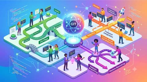 Ilustración moderna y colorida sobre trabajo en equipo en desarrollo de software. Muestra a un grupo diverso de profesionales colaborando alrededor de un centro de control con diferentes caminos gráficos y conexiones que representan varias metodologías de Git. El diseño es limpio, luminoso y ordenado, con un estilo visual amigable.