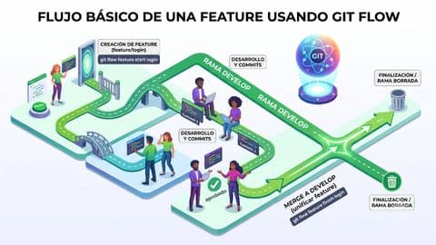 Una detallada infografía isométrica en forma de diagrama de flujo, titulada "FLUJO BÁSICO DE UNA FEATURE USANDO GIT FLOW", que ilustra paso a paso el ciclo de vida de una rama de característica en Git Flow.