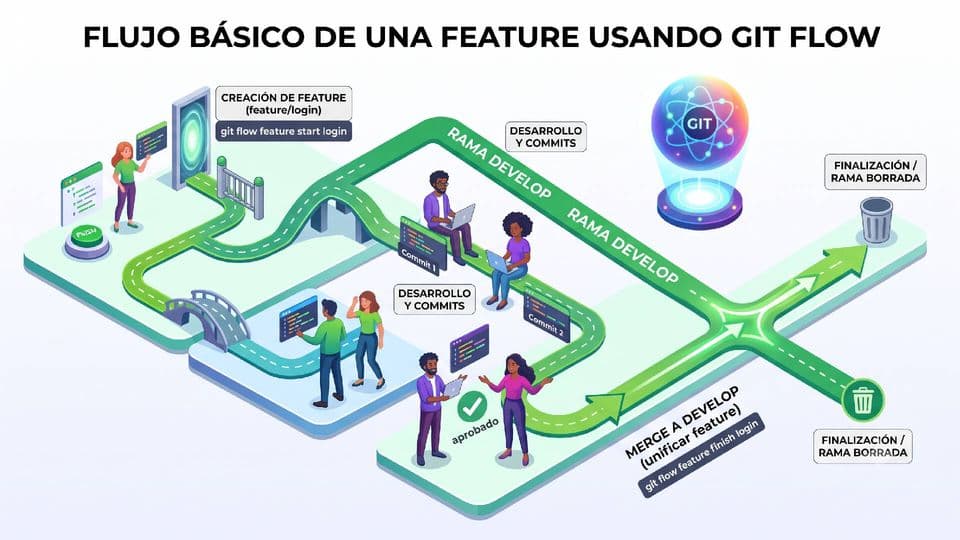 Una detallada infografía isométrica en forma de diagrama de flujo, titulada "FLUJO BÁSICO DE UNA FEATURE USANDO GIT FLOW", que ilustra paso a paso el ciclo de vida de una rama de característica en Git Flow.