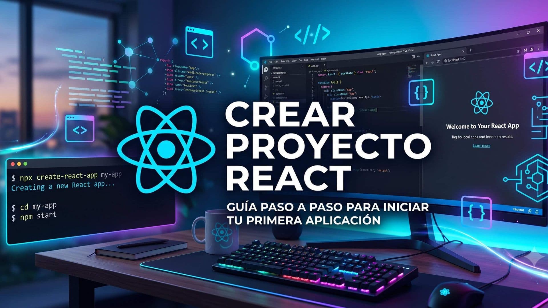 Una imagen de portada de blog ilustrada para un tutorial de React. En el centro, el texto en español 'CREAR PROYECTO REACT'