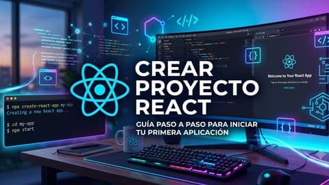 Una imagen de portada de blog ilustrada para un tutorial de React. En el centro, el texto en español 'CREAR PROYECTO REACT'