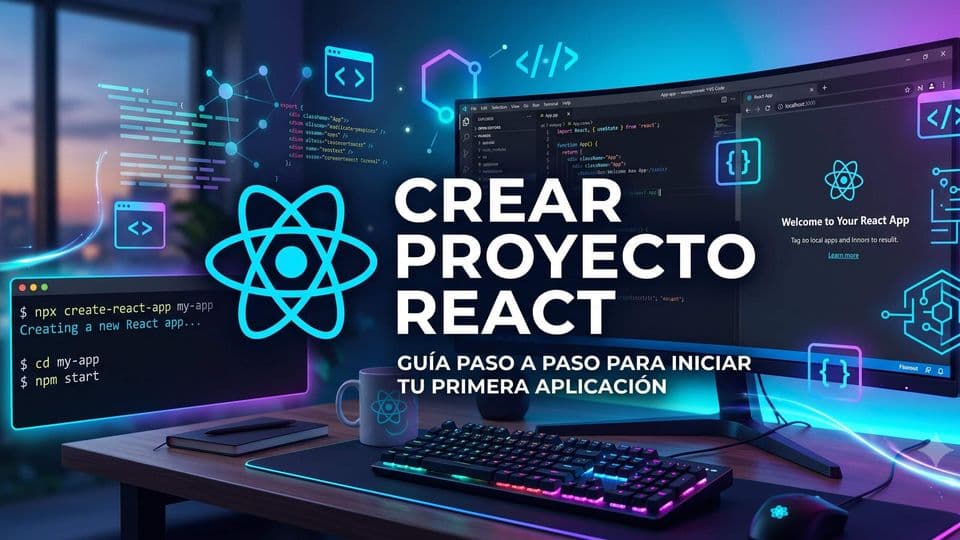 Una imagen de portada de blog ilustrada para un tutorial de React. En el centro, el texto en español 'CREAR PROYECTO REACT'