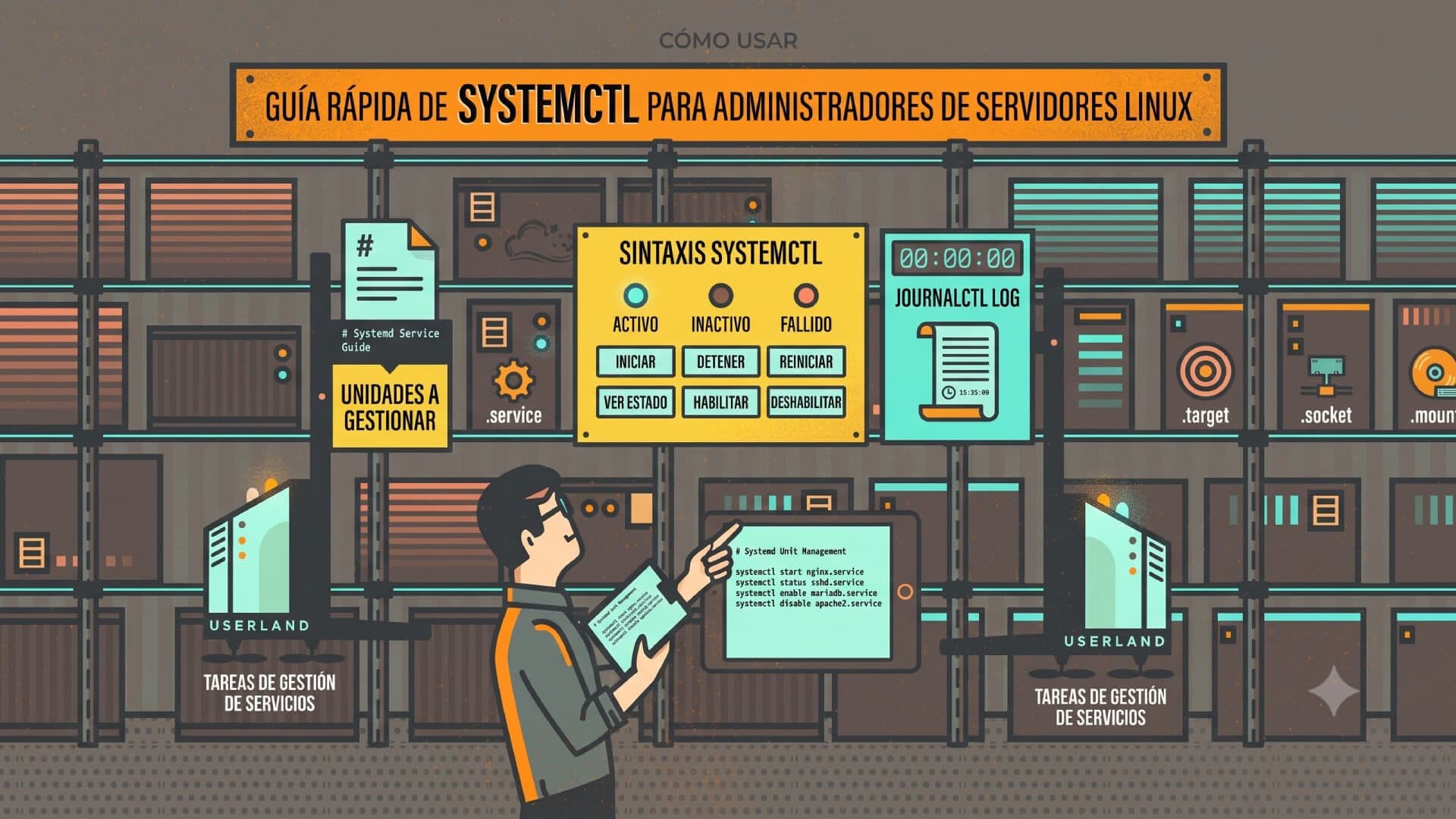 Ilustración sobre cómo usar systemctl para gestionar servicios y unidades de systemd, mostrando a un administrador organizando servidores en un almacén.