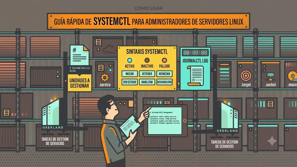 Ilustración sobre cómo usar systemctl para gestionar servicios y unidades de systemd, mostrando a un administrador organizando servidores en un almacén.