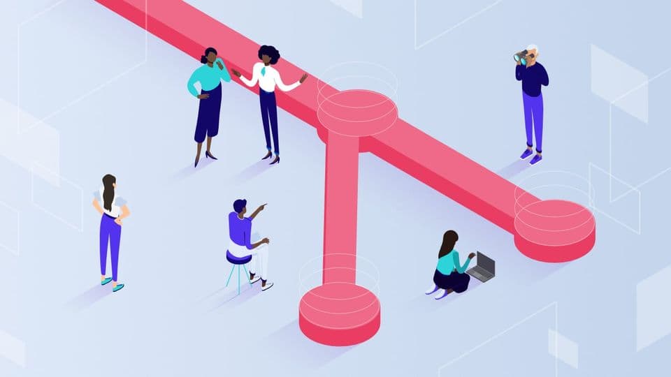 Una ilustración isométrica que muestra a varias personas interactuando con una gran estructura de ramificación de color rosa, representando ramas de código de Git en un entorno colaborativo.