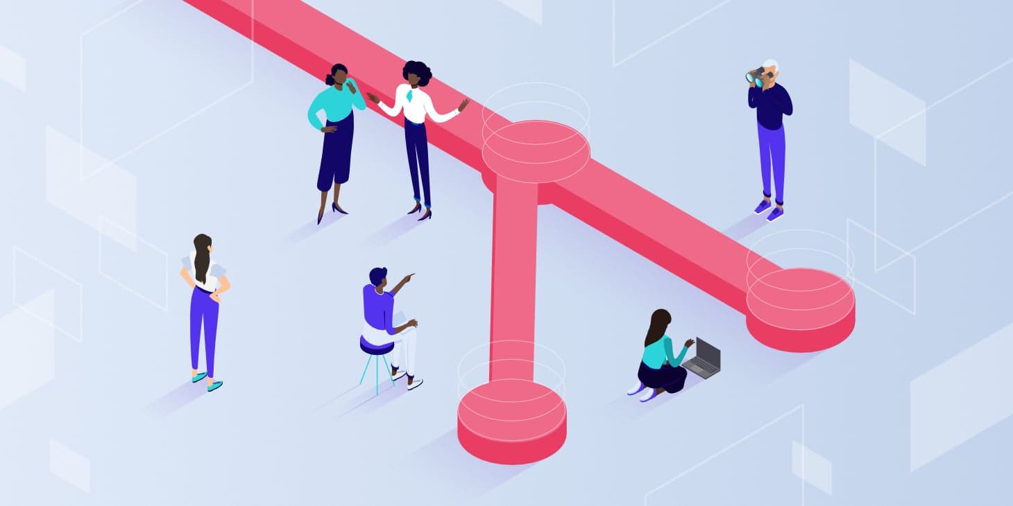 Una ilustración isométrica que muestra a varias personas interactuando con una gran estructura de ramificación de color rosa, representando ramas de código de Git en un entorno colaborativo.