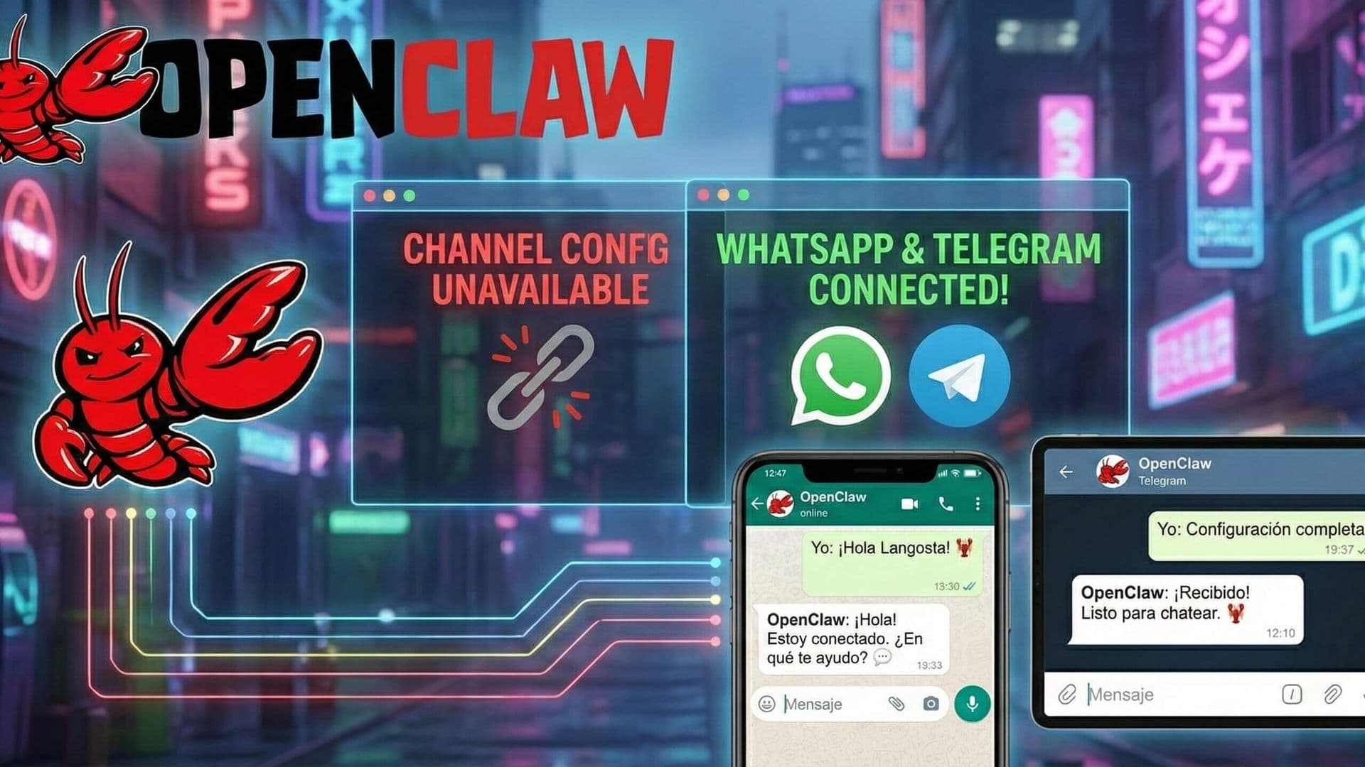 Ilustración de portada: OpenClaw conectado a WhatsApp y Telegram