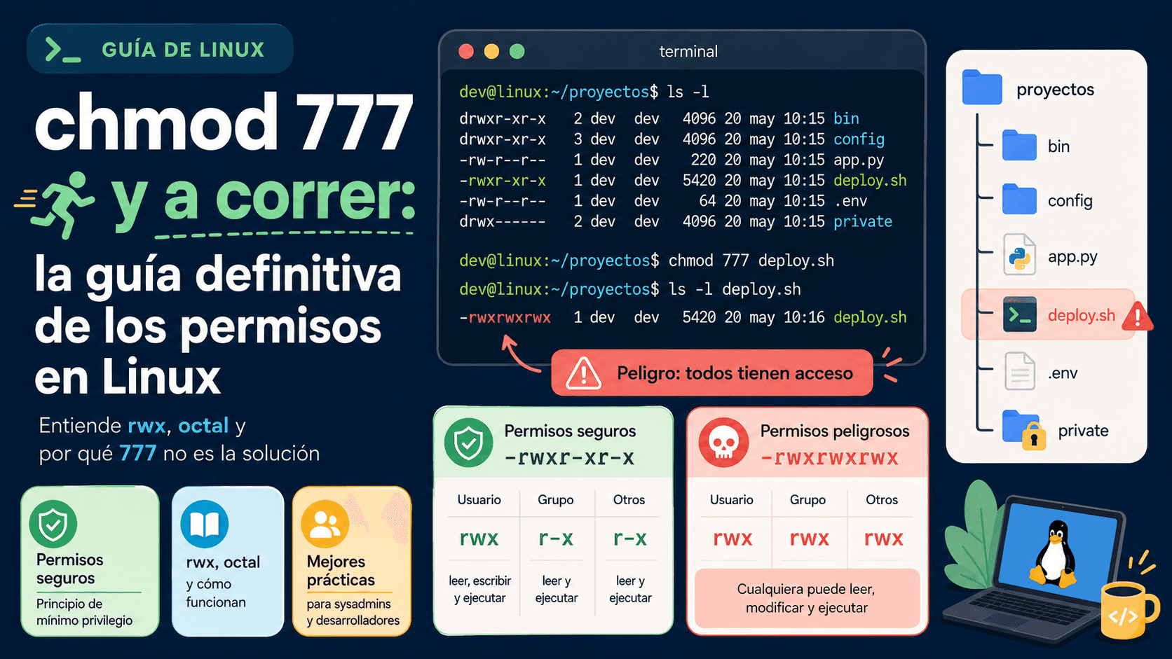 Portada del artículo: chmod 777 y a correr, la guía definitiva de los permisos en Linux