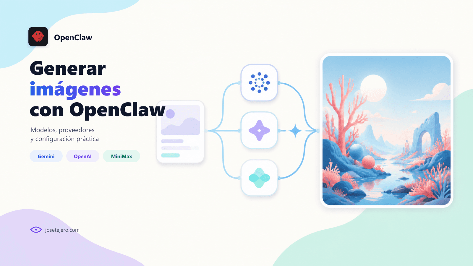 Portada de Generar imágenes con OpenClaw: una petición pasa por varios proveedores de IA y se convierte en una ilustración.