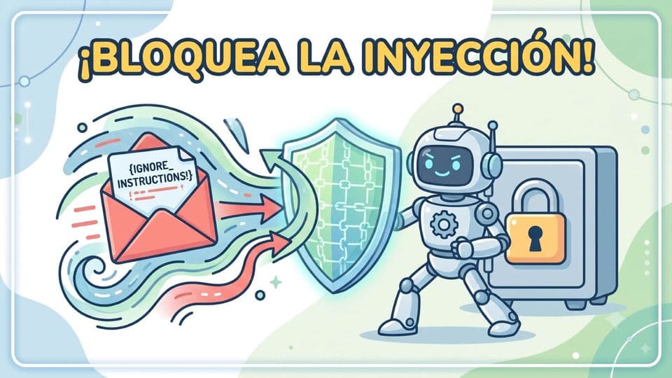 Ilustración: un robot amigable usa un escudo para desviar un correo malicioso etiquetado '{IGNORE_INSTRUCTIONS!}' mientras protege una caja fuerte con candado. Rótulo: ¡Bloquea la inyección!