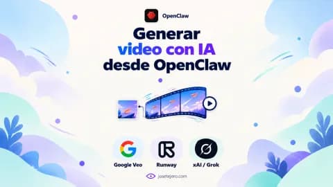 Portada de Generar video con IA desde OpenClaw: título, imagen y secuencia de video centrados, con los logos de Google Veo, Runway y xAI/Grok.