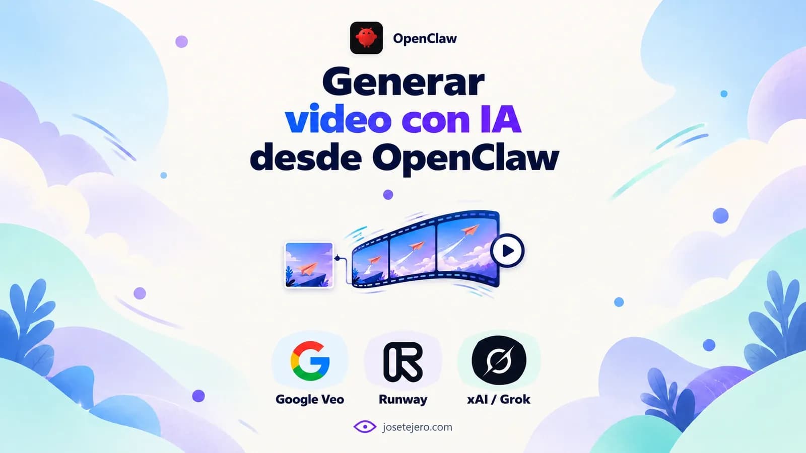 Portada de Generar video con IA desde OpenClaw: título, imagen y secuencia de video centrados, con los logos de Google Veo, Runway y xAI/Grok.
